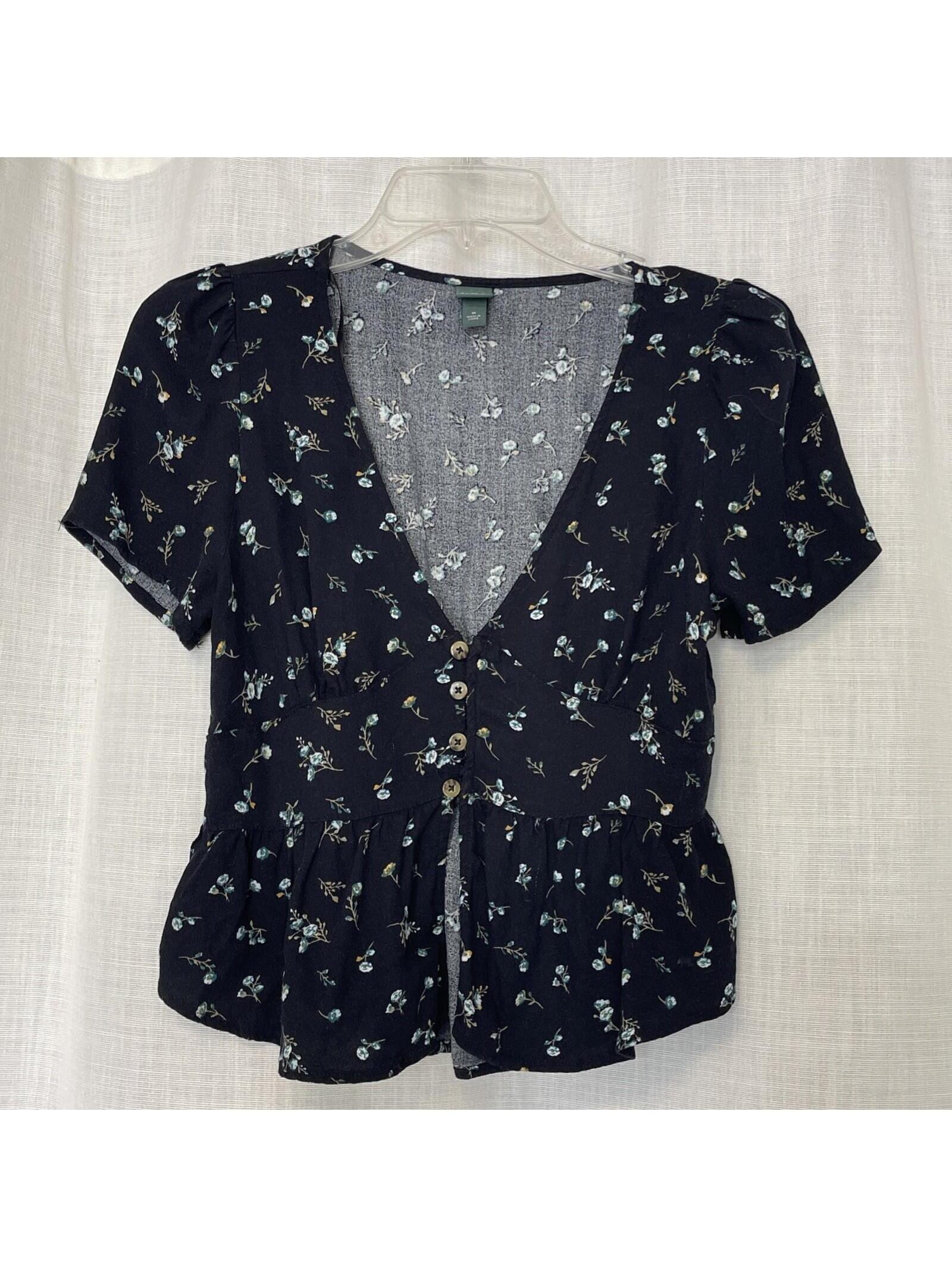 Navy Fit And Flare V-Neck Blouse Navy Blue Floral Wild Fable Size Medium